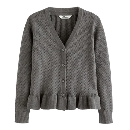Grey - Front - Clarks Girls Cable Knit Frill Cardigan