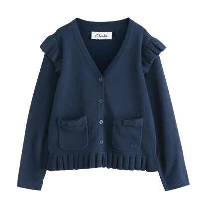 Navy - Front - Clarks Girls Knitted Frill Cardigan