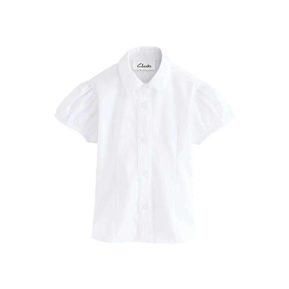 White - Back - Clarks Girls Fitted Puff Sleeve School Shirt (Pack of 3)