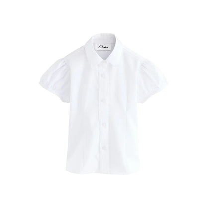 White - Back - Clarks Girls Fitted Puff Sleeve School Shirt (Pack of 3)