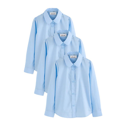 Blue - Front - Clarks Girls Frill Trim Short-Sleeved School Shirt (Pack of 3)