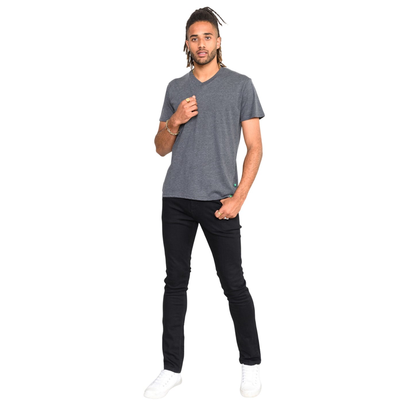 Charcoal Melange - Side - Duke Mens D555 Signature 2 V Neck T-Shirt