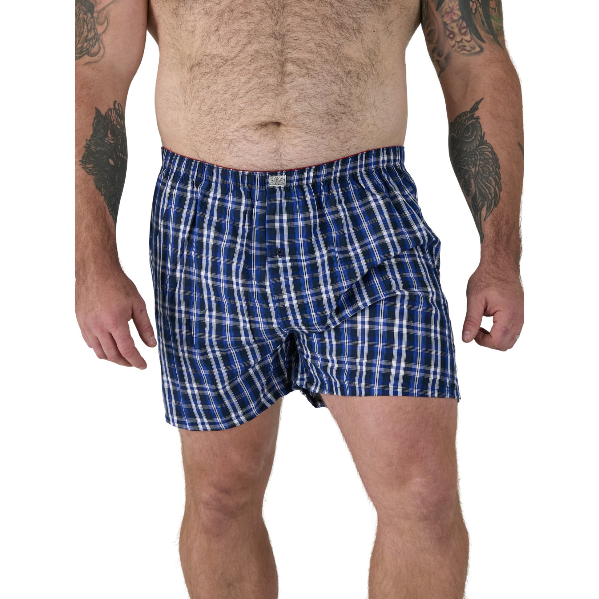 Navy Blue-Red - Close up - Duke Mens D555 Plaid Woven Kingsize Boxer Shorts (Pack of 2)