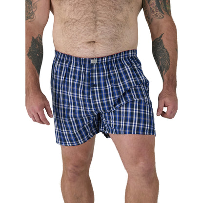 Navy Blue-Red - Close up - Duke Mens D555 Plaid Woven Kingsize Boxer Shorts (Pack of 2)