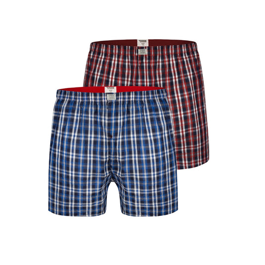 Navy Blue-Red - Front - Duke Mens D555 Plaid Woven Kingsize Boxer Shorts (Pack of 2)