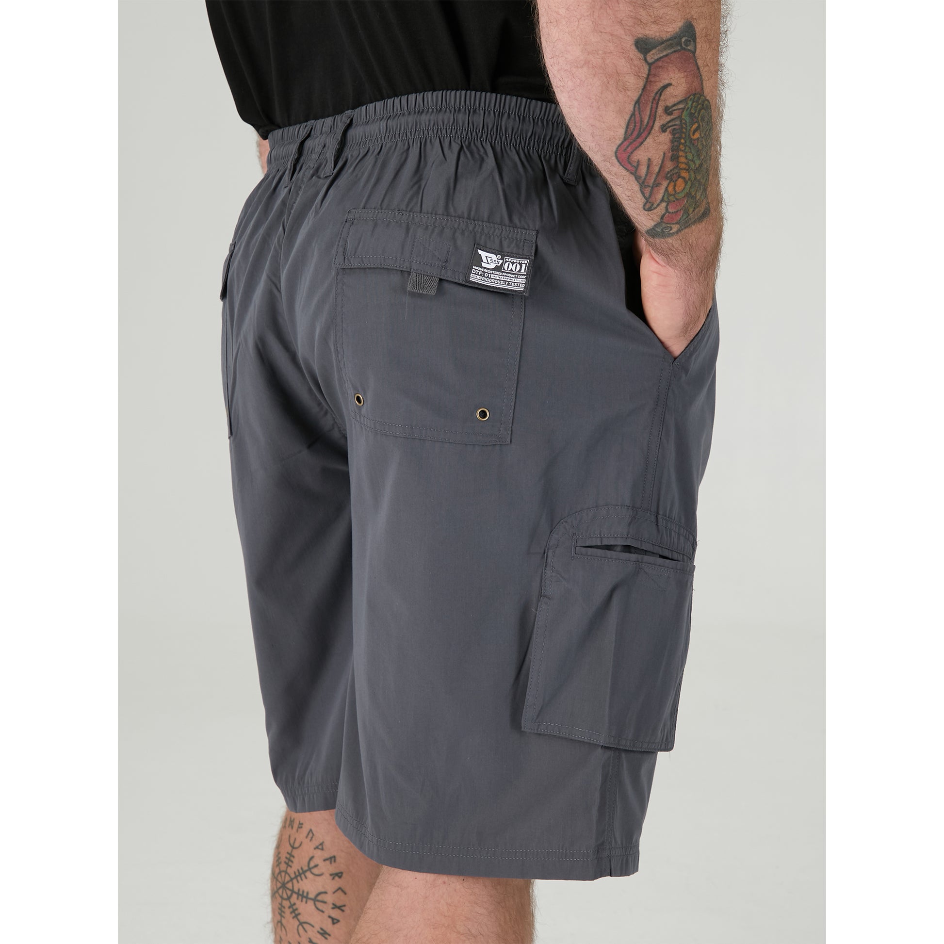 Grey - Close up - Duke Mens D555 Nick Elasticated Waist Cargo Shorts