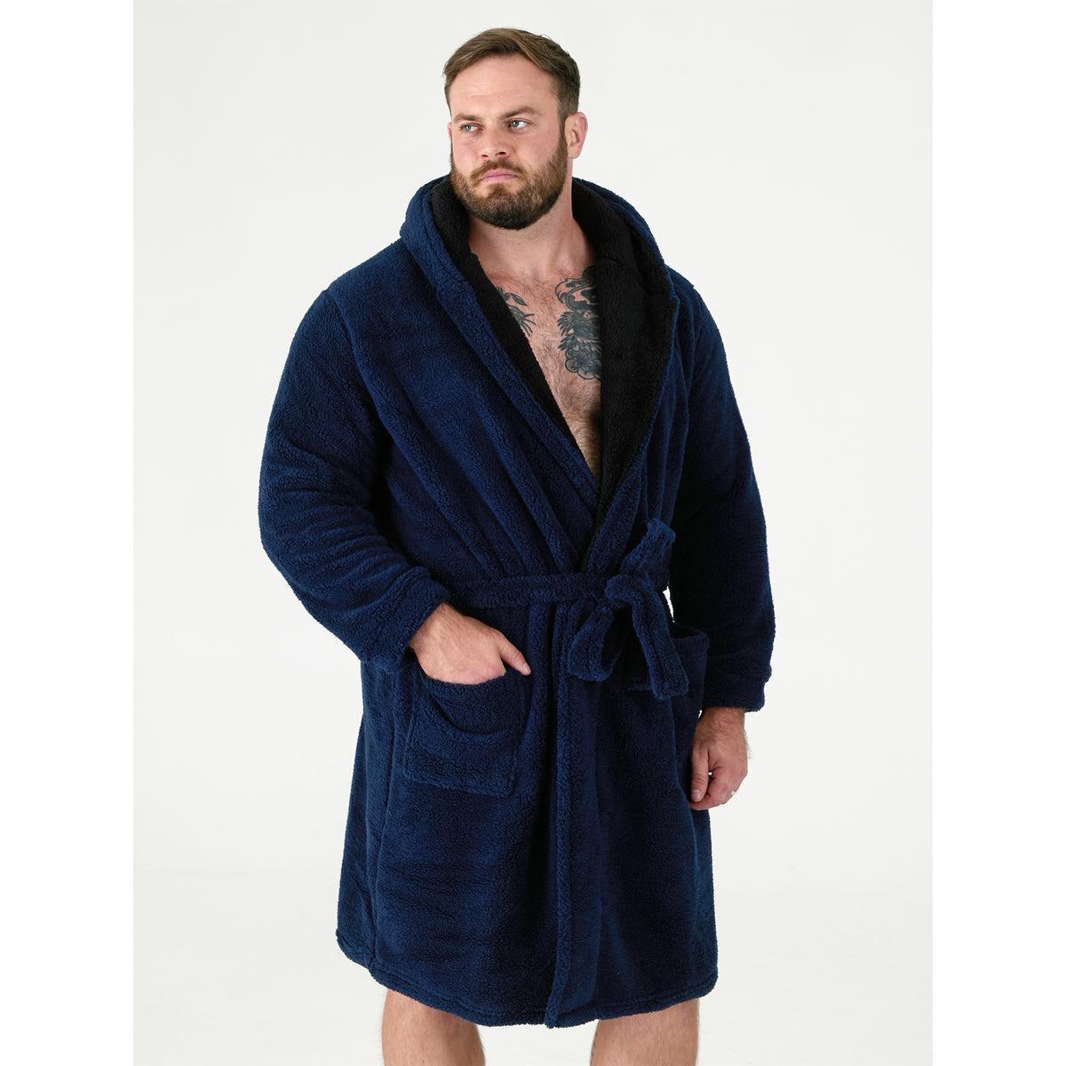 Navy - Side - Duke Mens D555 Newquay Hooded Kingsize Dressing Gown