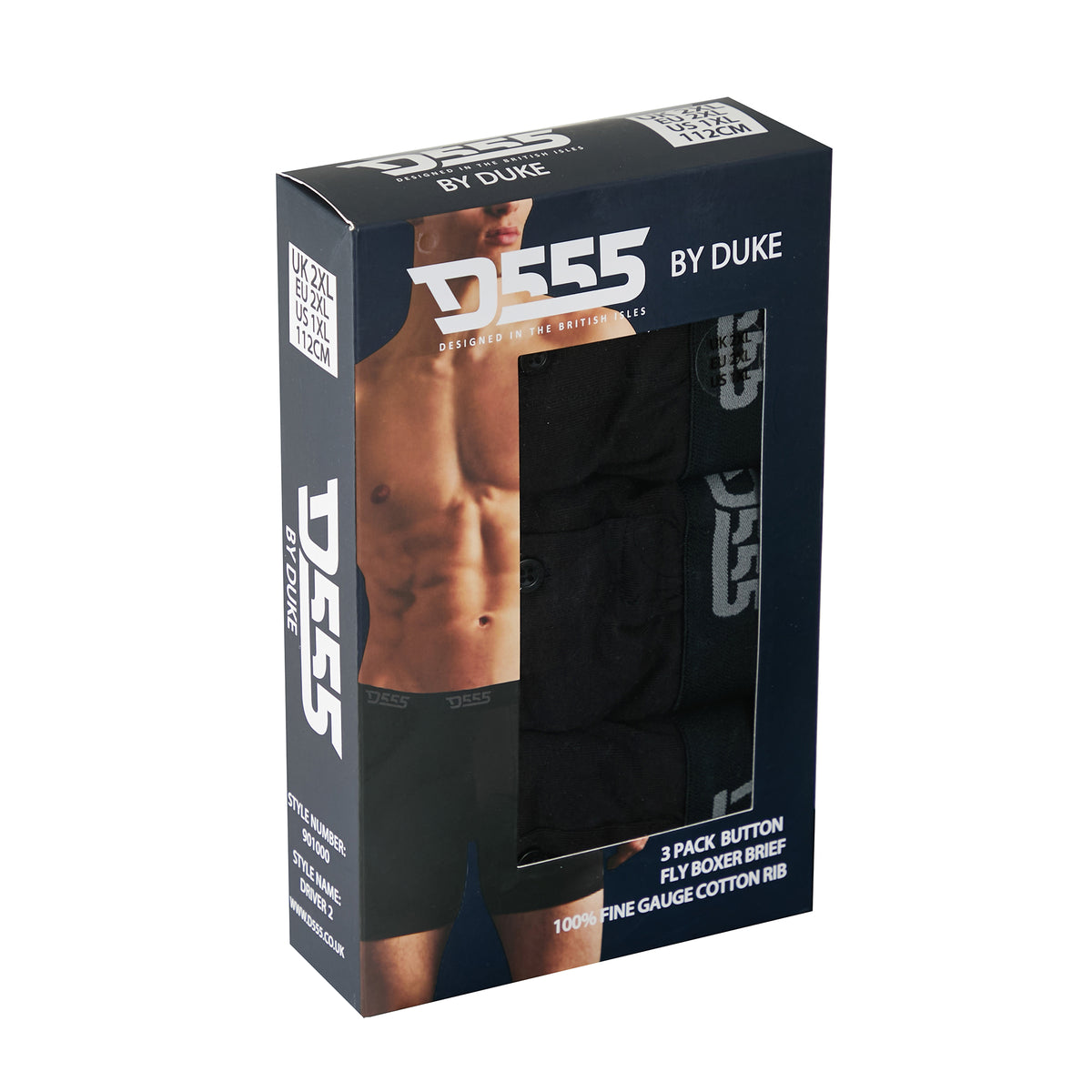 Black - Pack Shot - Duke Mens D555 Driver 2 Boxer Shorts (Pack Of 3)