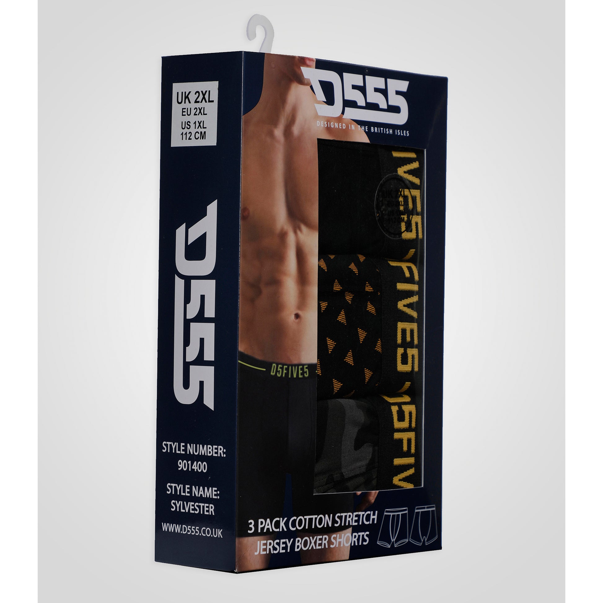 Black - Pack Shot - Duke Mens D555 Sylvester Printed Stretch Kingsize Boxer Shorts (Pack of 3)