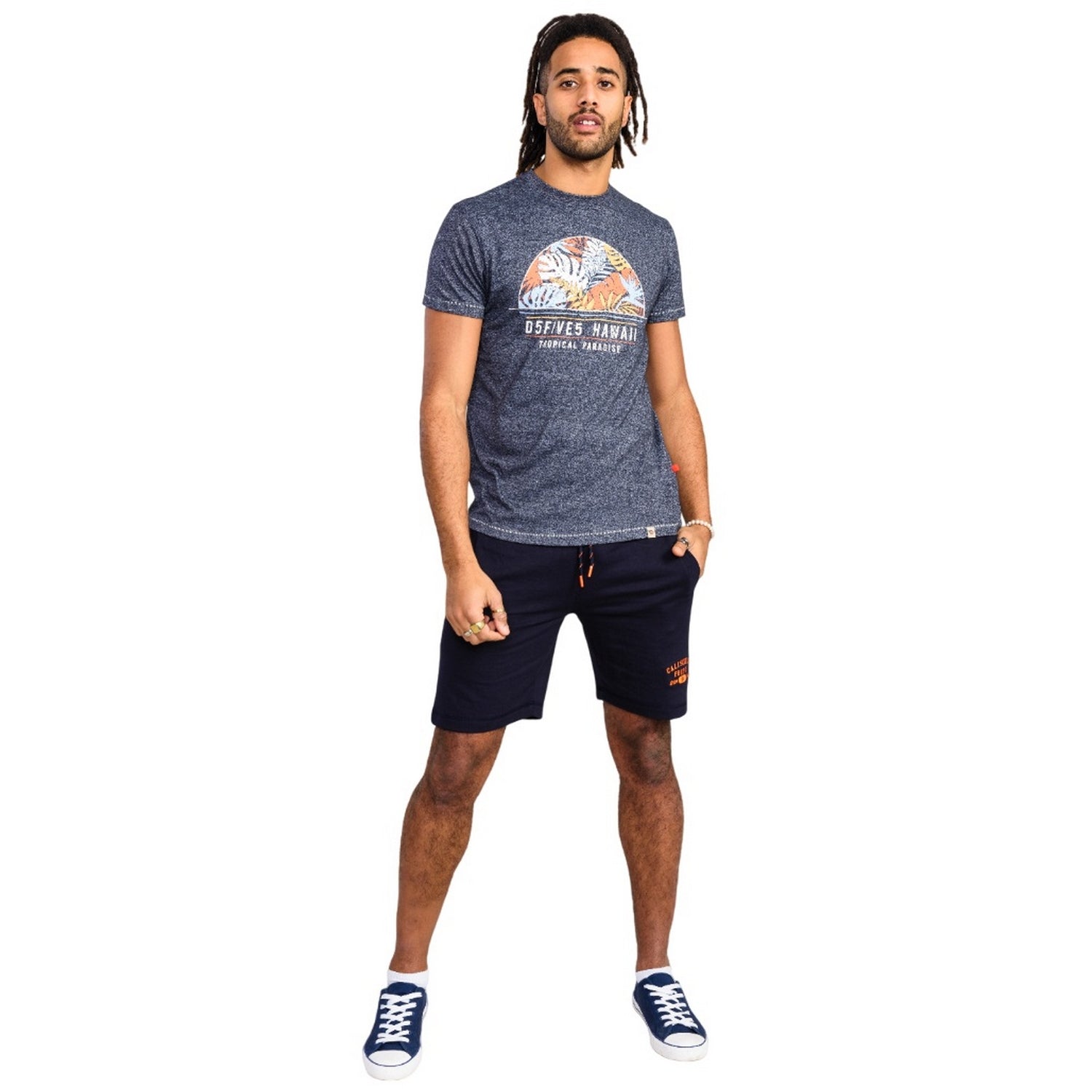 Navy Twist - Side - Duke Mens D555 Upton Hawaii Leaf Print Kingsize T-Shirt