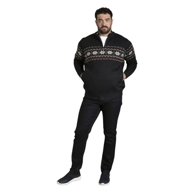 Navy Marl - Pack Shot - Duke Mens D555 Edinson Fair Isle Quarter Zip Kingsize Sweatshirt