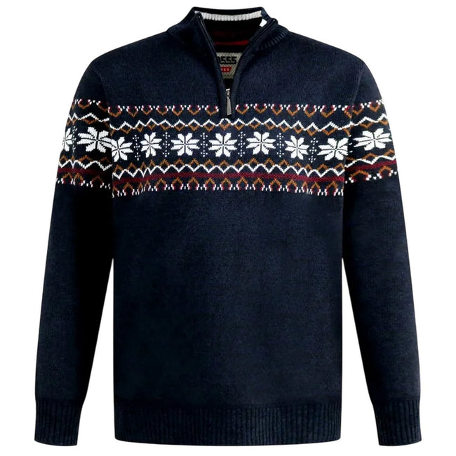 Navy Marl - Front - Duke Mens D555 Edinson Fair Isle Quarter Zip Kingsize Sweatshirt