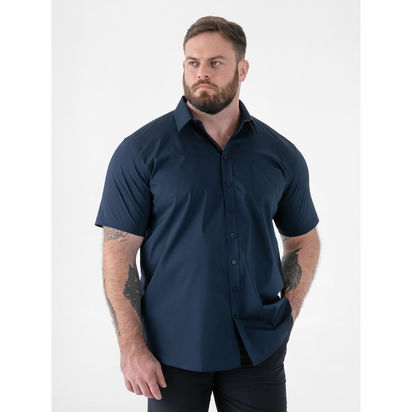 Navy - Side - Duke Mens D555 Lucas Stretch Kingsize Short-Sleeved Shirt