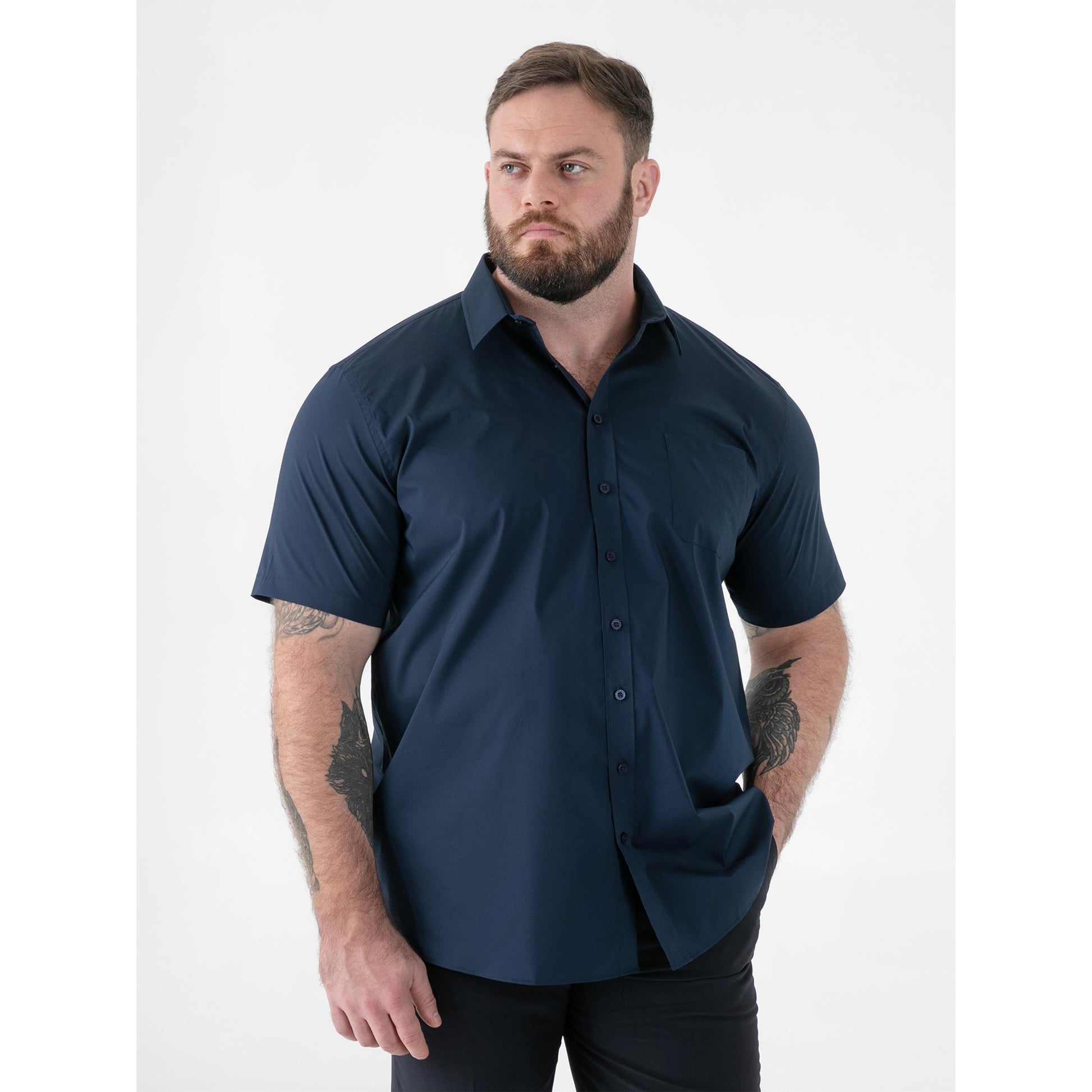 Navy - Side - Duke Mens D555 Lucas Stretch Kingsize Short-Sleeved Shirt
