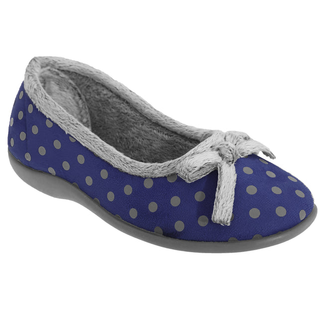 Navy - Front - Sleepers Womens-Ladies Louise Polka Dot Bow Slippers