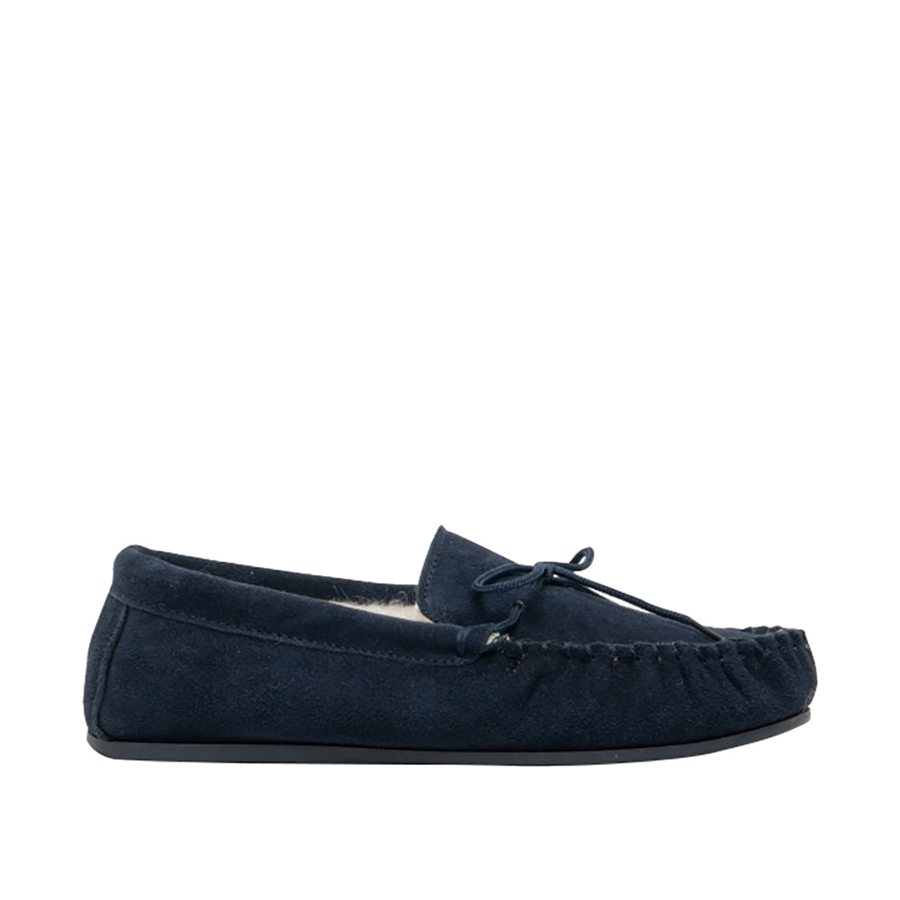 Navy - Back - Mokkers Mens Oliver Moccasin Wool Lined Slippers