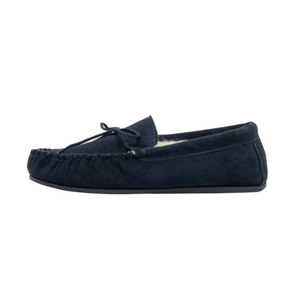 Navy - Back - Mokkers Mens Oliver Moccasin Wool Lined Slippers