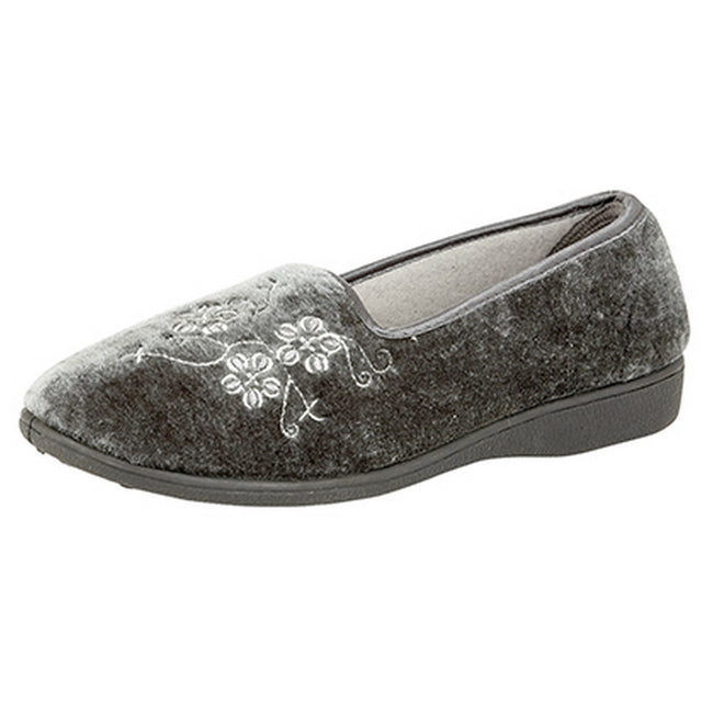 Grey - Front - Zedzzz Womens-Ladies Jenny Embroidered Slippers