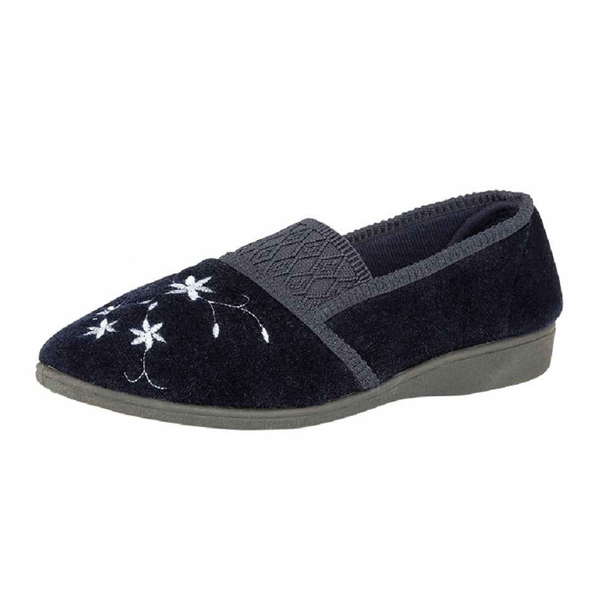 Navy - Back - Zedzzz Womens-Ladies Joanna Embroidered Slippers