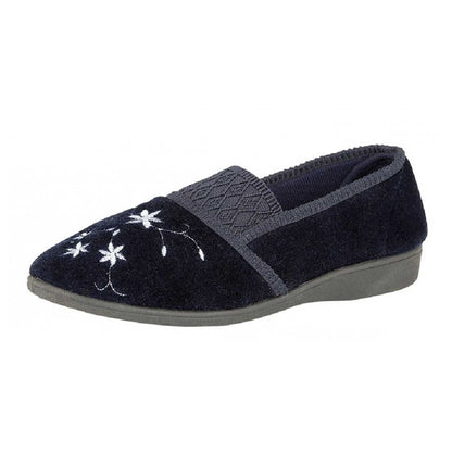 Navy - Back - Zedzzz Womens-Ladies Joanna Embroidered Slippers