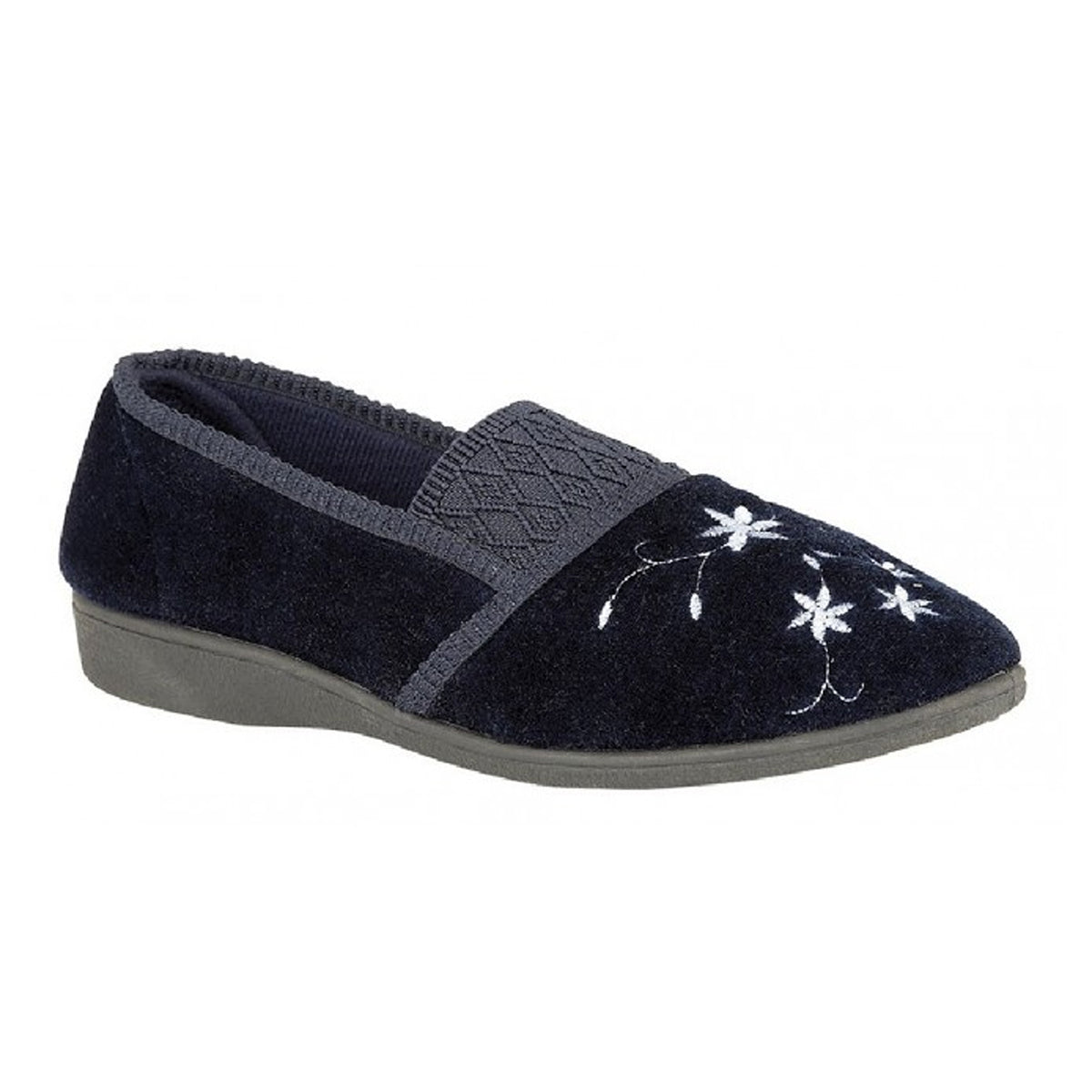 Navy - Side - Zedzzz Womens-Ladies Joanna Embroidered Slippers