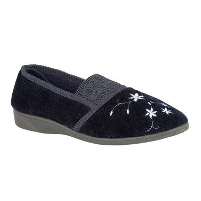 Navy - Side - Zedzzz Womens-Ladies Joanna Embroidered Slippers