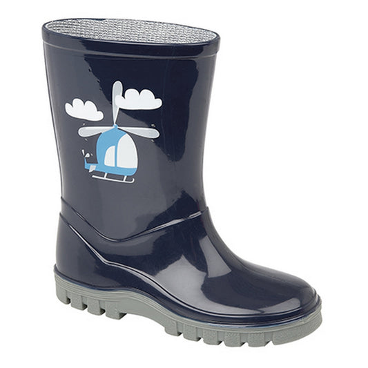 Navy Blue-Grey - Front - Stormwells Childrens-Boys Helicopter PVC Wellington Boots