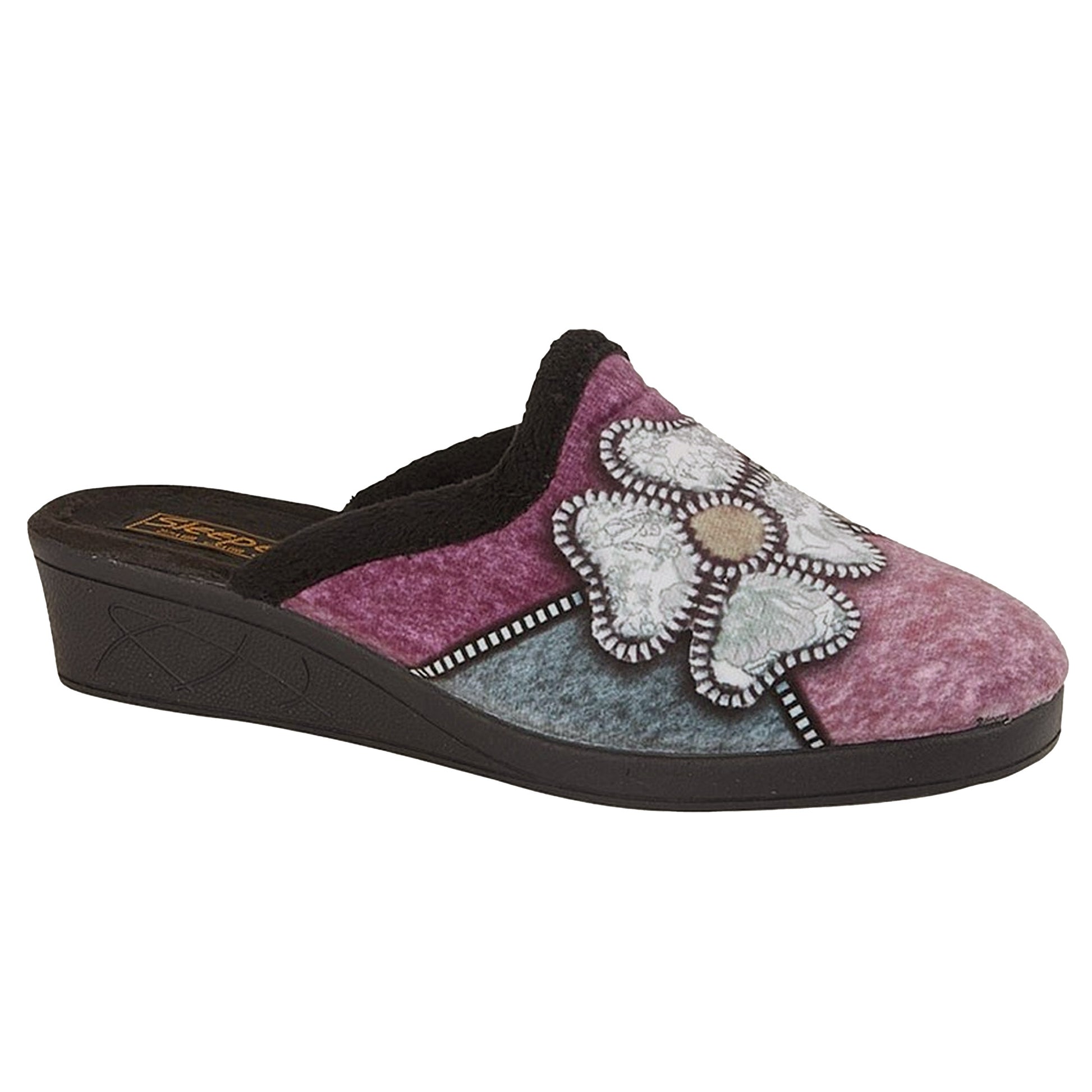 Black-Purple-Blue-Silver - Back - Sleepers Womens-Ladies Kimberly Flower Trim Mule Slippers