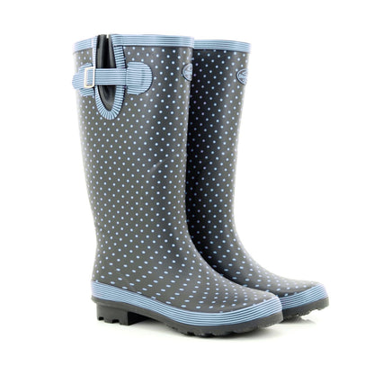 Pale Blue Polka Dot-Navy - Back - Stormwells Womens-Ladies Polka Dot Wellington Boots