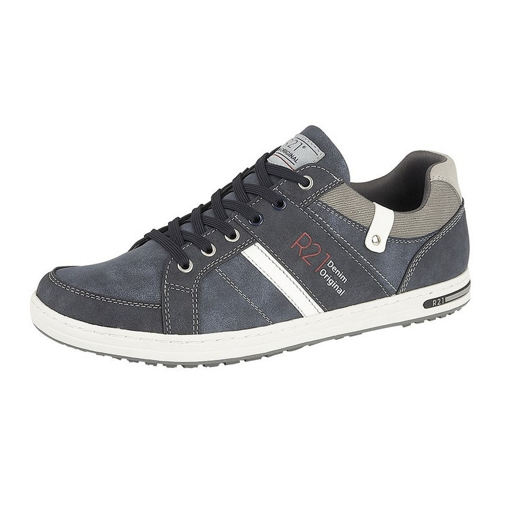 Navy - Front - Route 21 Mens Denim Original Lace Up Casual Trainers