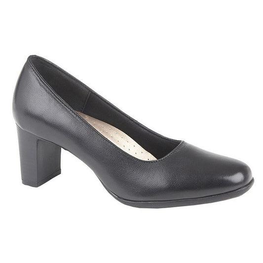 Black - Front - Mod Comfys Womens-Ladies Block Heel Leather Court Shoes