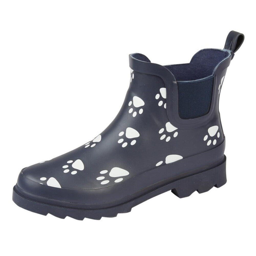 Navy Blue - Front - StormWells Womens-Ladies Paw Print Wellington Boots
