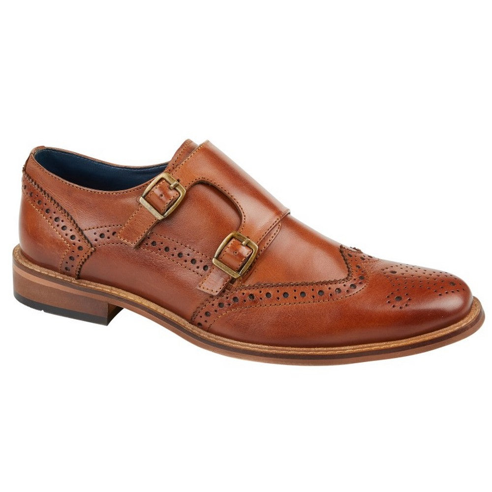 Tan - Front - Roamers Mens Leather Double Monk Strap Brogues