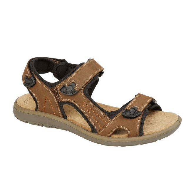 Brown - Front - Roamers Mens Triple Strap Leather Touch Fastening Sports Sandals