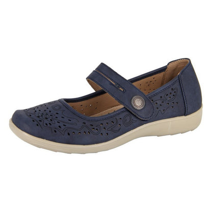 Navy - Back - Boulevard Womens-Ladies Perforated Mary Janes