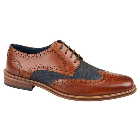 Tan - Front - Roamers Mens Checked Leather Brogues