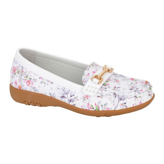 White - Front - Boulevard Womens-Ladies Floral Leather Loafers
