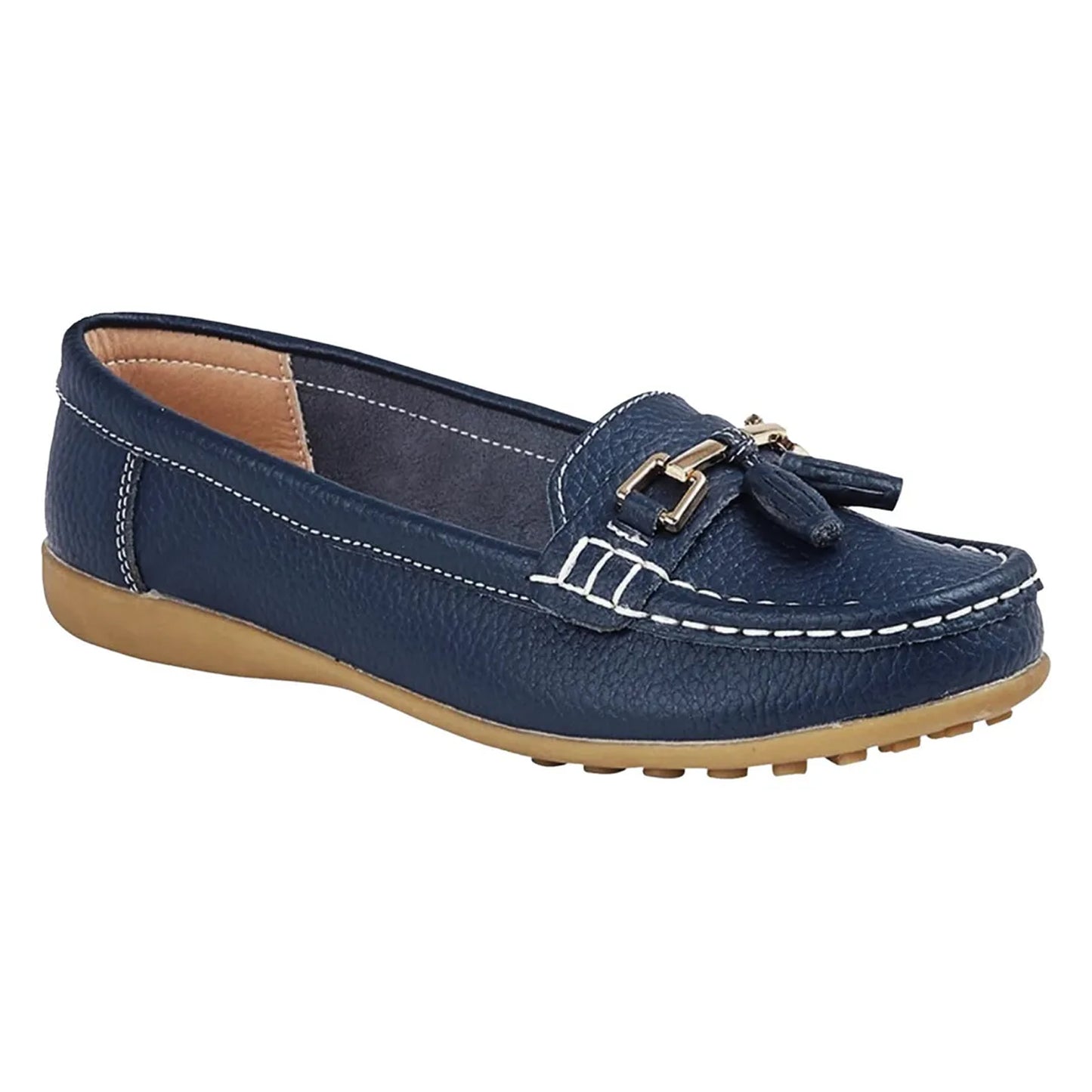 Navy Blue - Front - Boulevard Womens-Ladies Action Leather Saddle Loafers