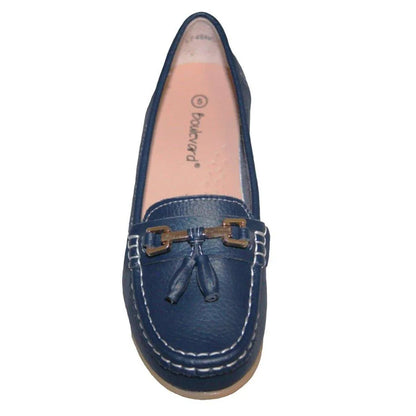 Navy Blue - Back - Boulevard Womens-Ladies Action Leather Saddle Loafers