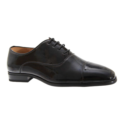 Black Patent - Side - Goor Mens Pleated Cap Oxford Tie Patent Shoes