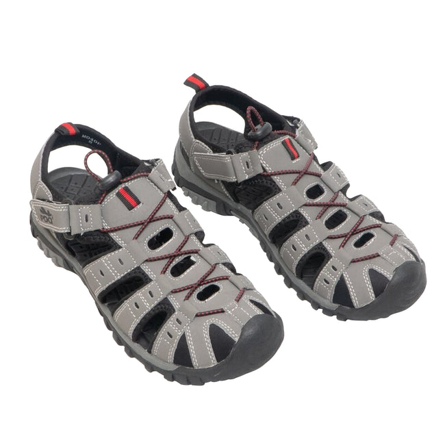 Grey-Red - Side - PDQ Youths Boys Toggle & Touch Fastening Synthetic Nubuck Trail Sandals