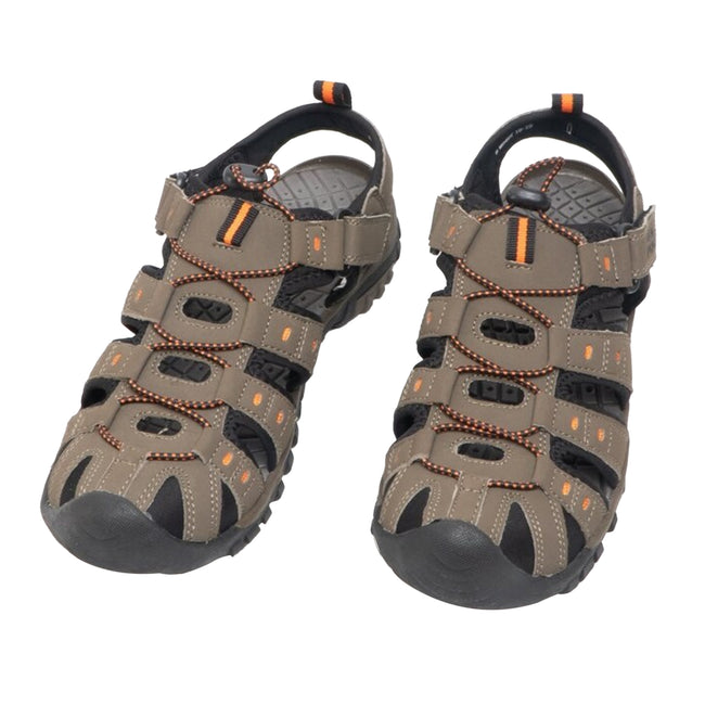 Dark Taupe-Orange - Side - PDQ Youths Boys Toggle & Touch Fastening Synthetic Nubuck Trail Sandals