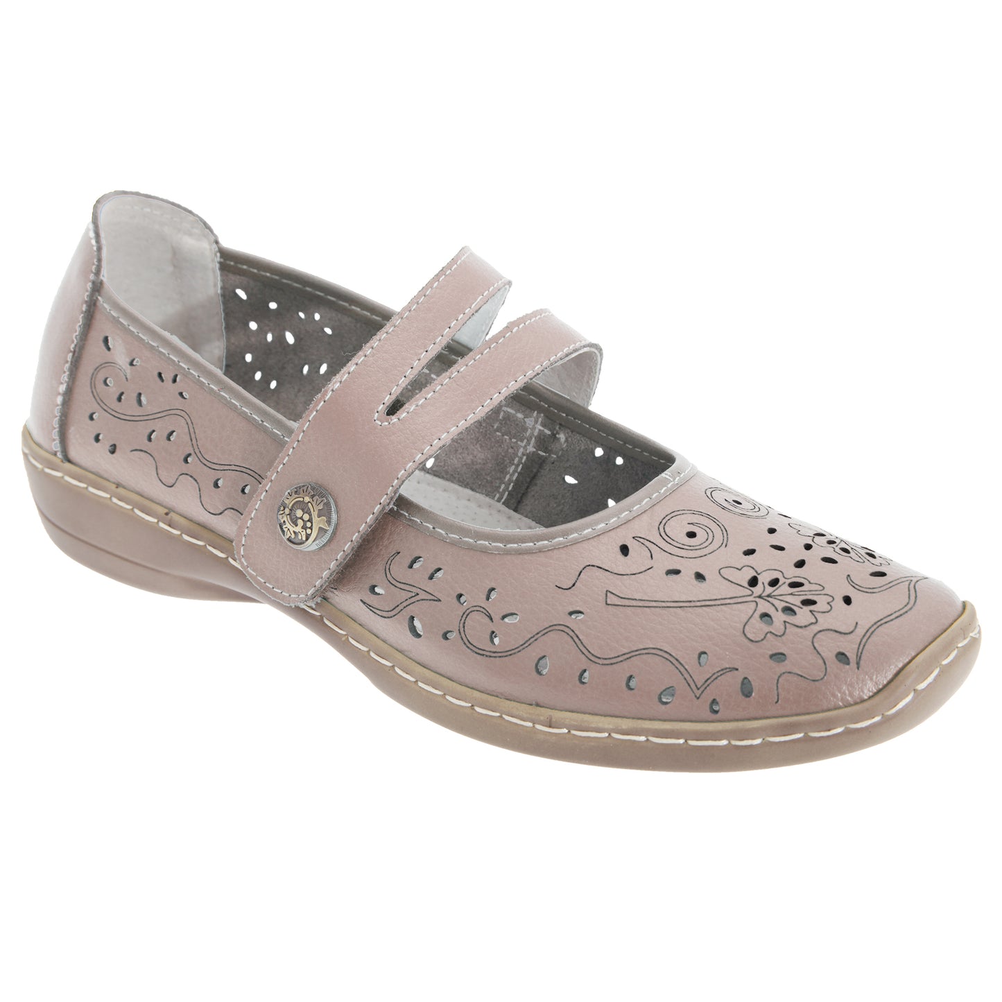 Beige - Front - Boulevard Womens-Ladies Touch Fastening Perforated Bar Casual Leather Shoes