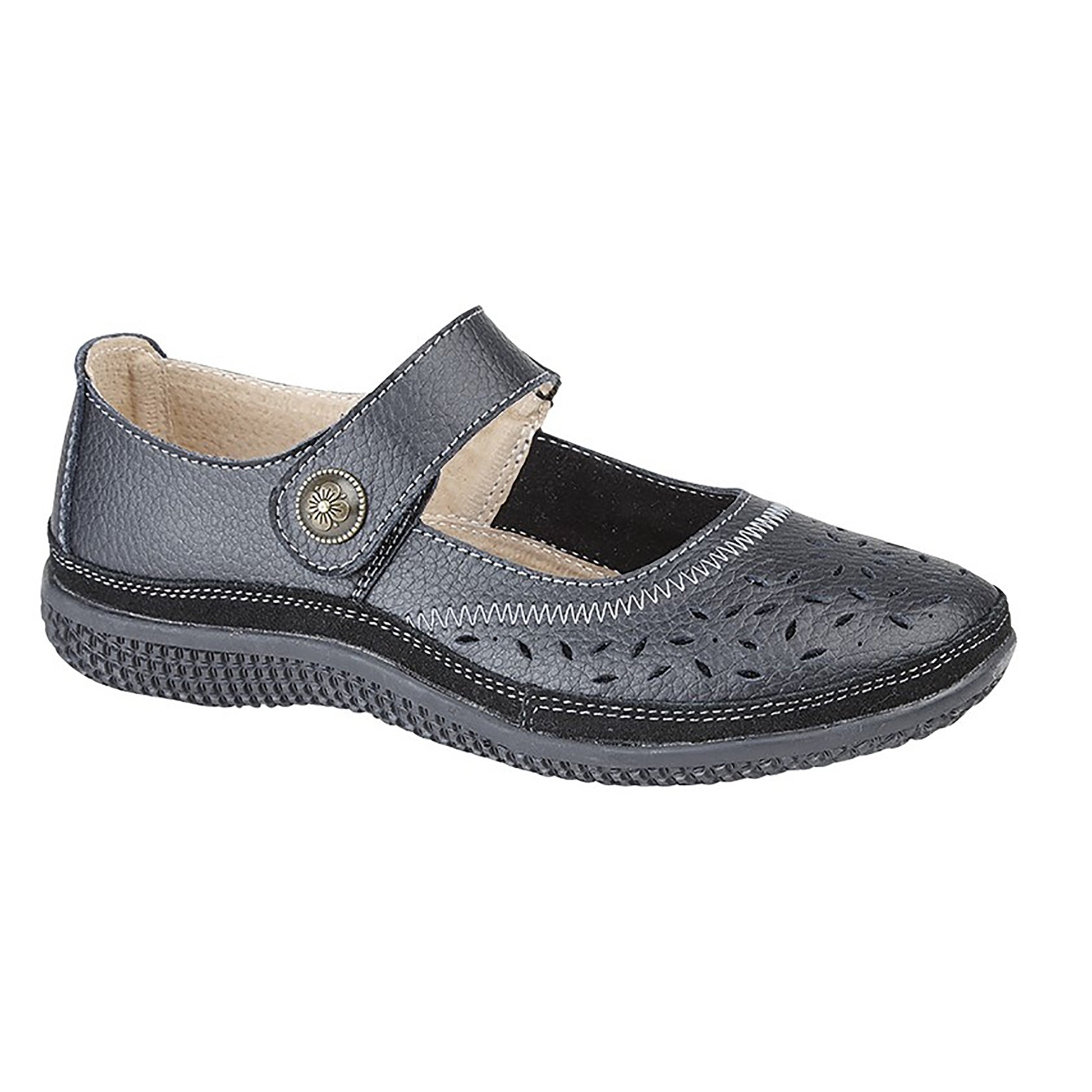 Black - Front - Boulevard Womens-Ladies Wide Fitting Touch Fastening Perforated Bar Shoes