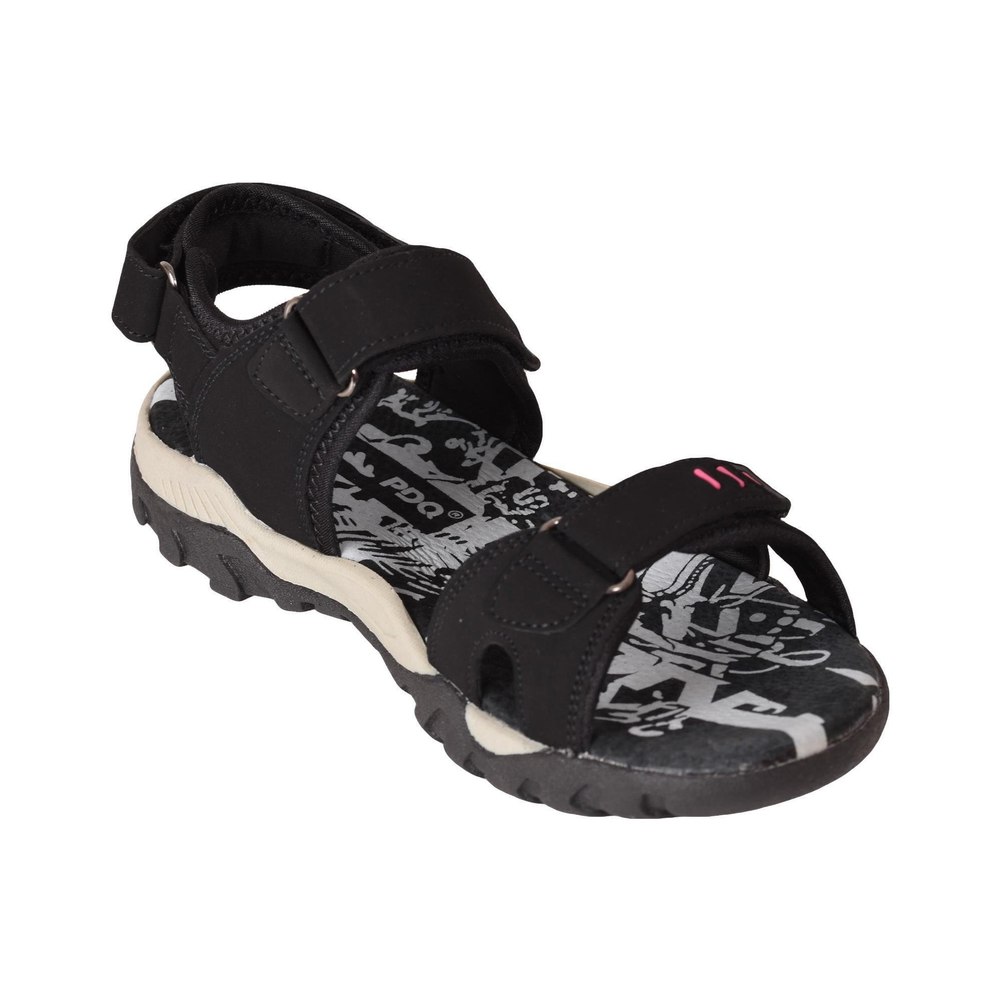 Black - Back - PDQ Womens-Ladies Toggle & Touch Fastening Sports Sandals