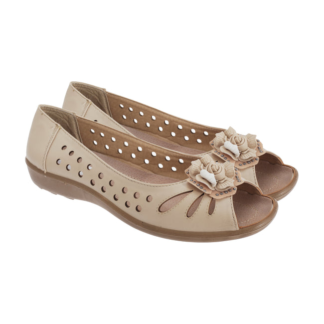Beige - Back - Boulevard Womens-Ladies Punched Open Toe Flower Casual Shoes
