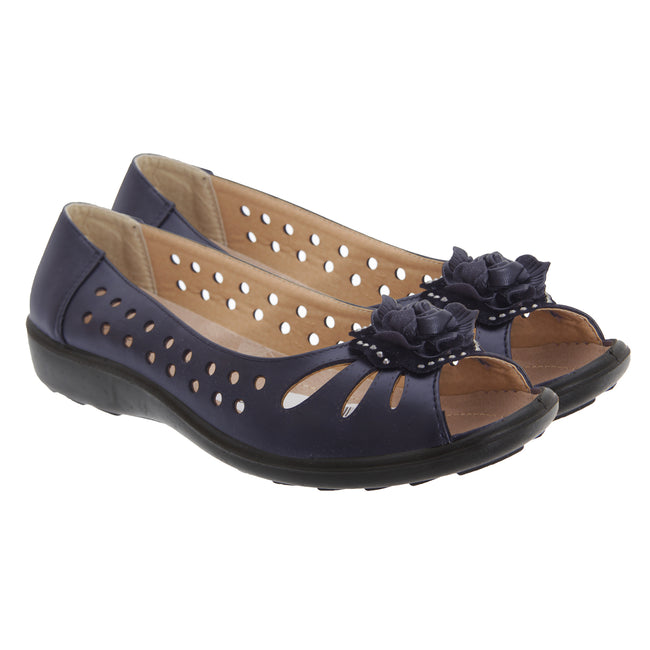 Navy Blue - Back - Boulevard Womens-Ladies Punched Open Toe Flower Casual Shoes