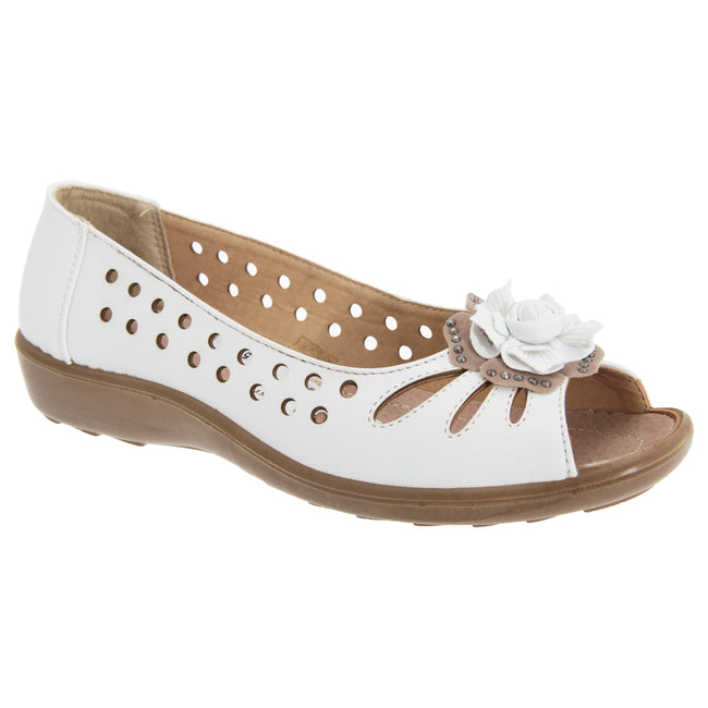 White - Front - Boulevard Womens-Ladies Punched Open Toe Flower Casual Shoes