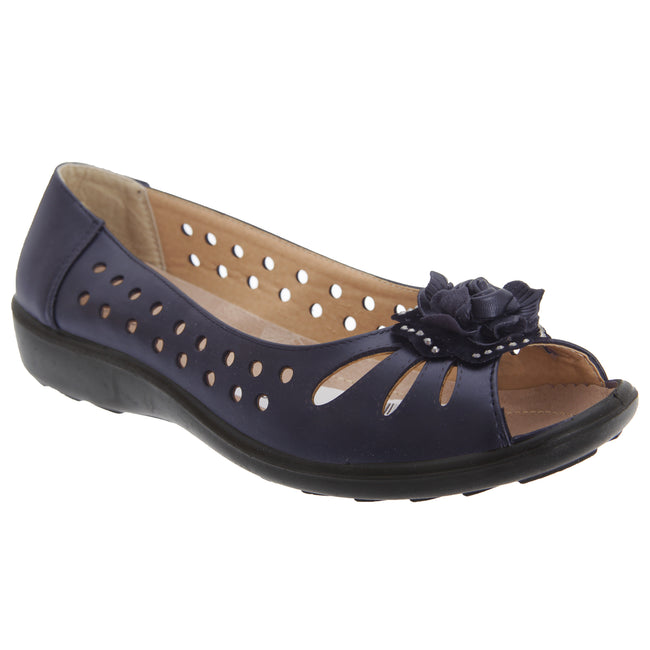 Navy Blue - Front - Boulevard Womens-Ladies Punched Open Toe Flower Casual Shoes