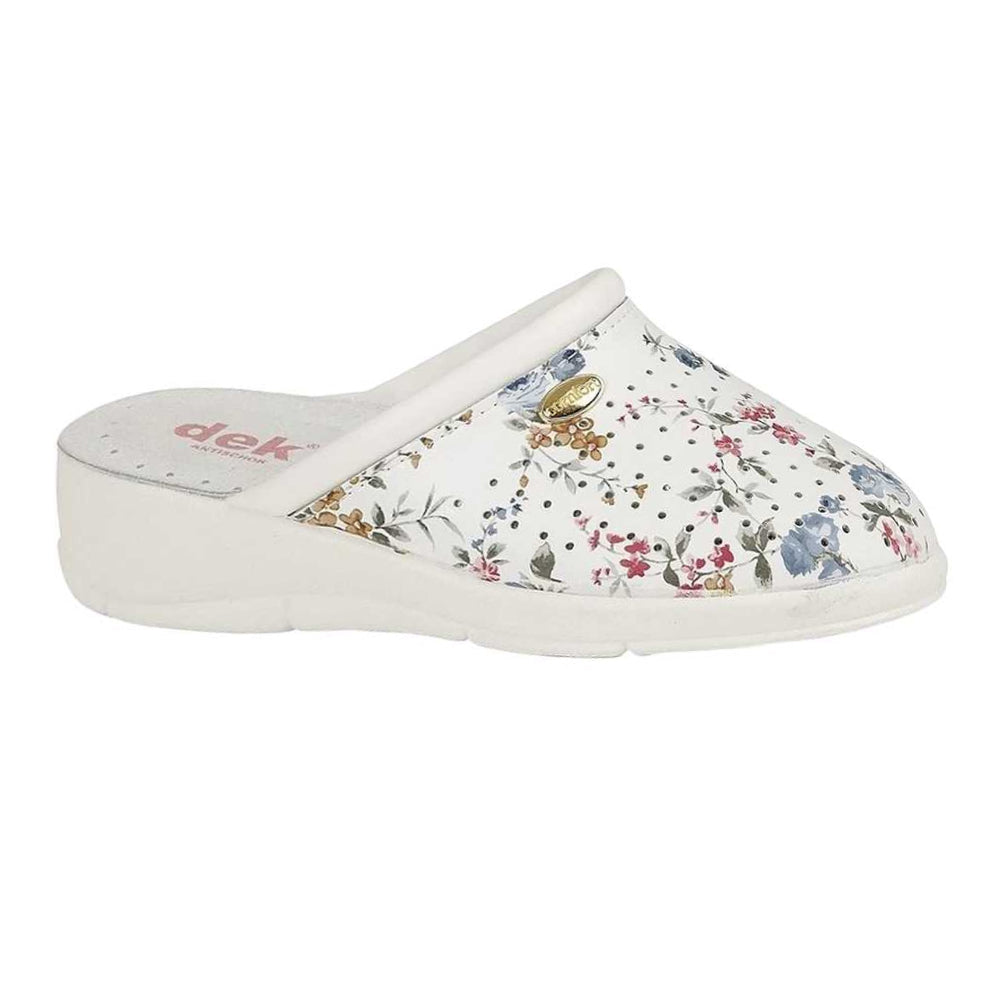 White - Side - Dek Womens-Ladies Floral Leather Clogs